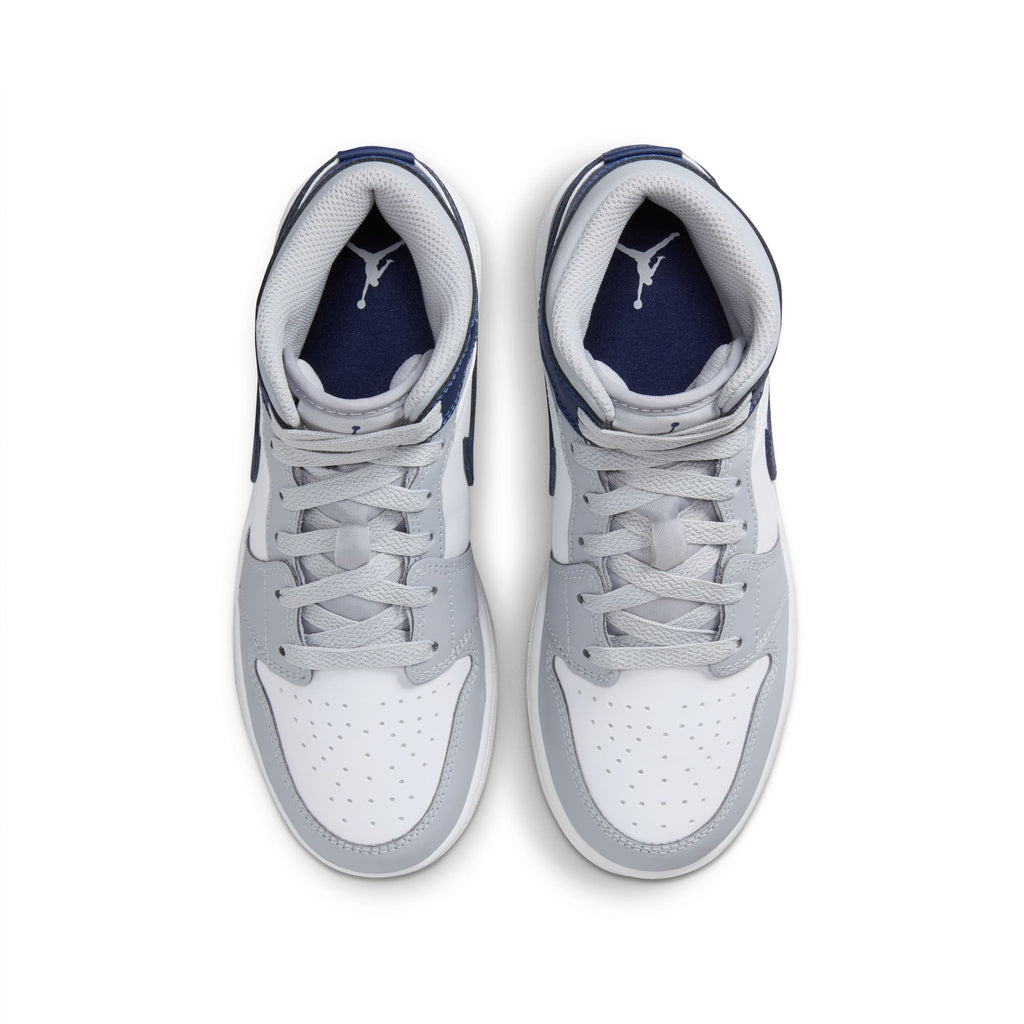 Air Jordan 1 Mid Big Kids' Shoes (GS) 'White/Navy/Grey'