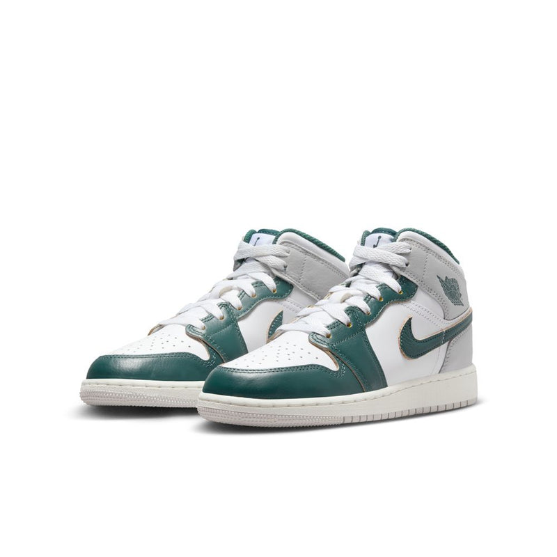 Air Jordan 1 Mid SE Big Kids' Shoes (GS) 'White/Green/Grey'