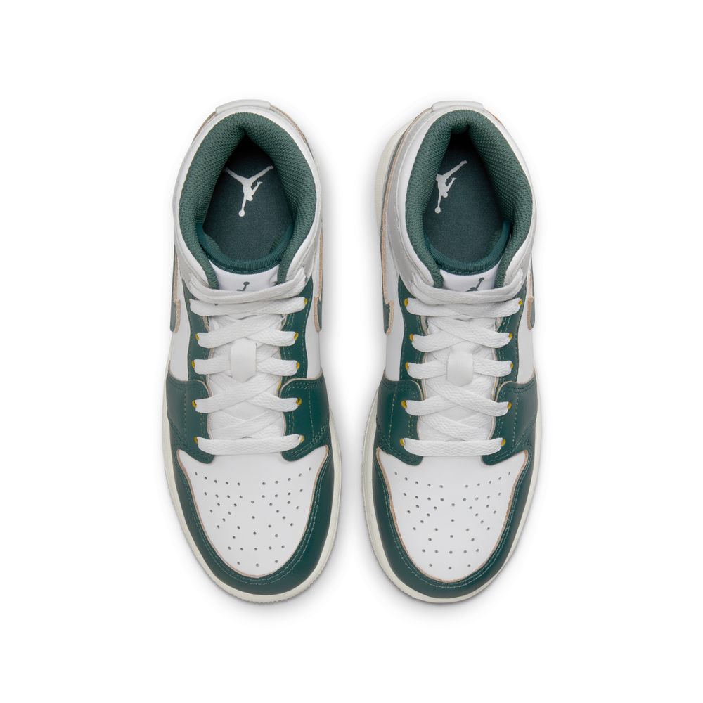 Air Jordan 1 Mid SE Big Kids' Shoes (GS) 'White/Green/Grey'