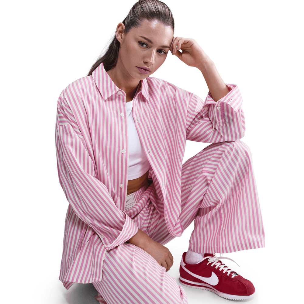 Nike Sportswear Chill Poplin Women's Oversized Striped Button-Up Top 'Playful Pink/Sail'