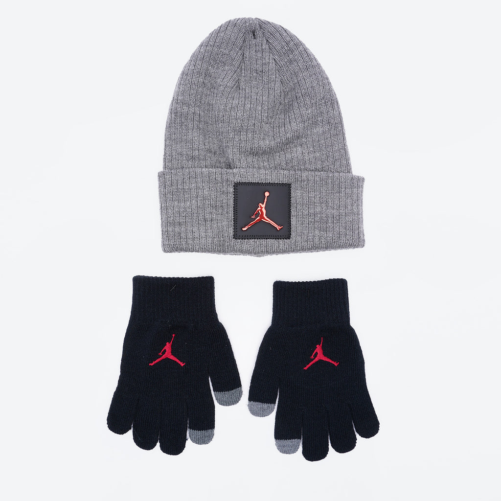 Jordan Metal Jumpman Patch Beanie and Gloves Kids Set 'Carbon Heather/Black'