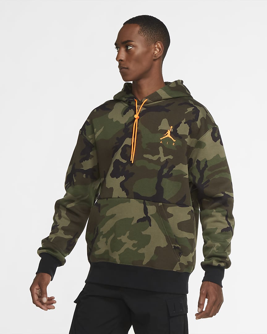 Men's Camo Fleece Pullover Hoodie Jordan Jumpman Air 'Olive/Orange'